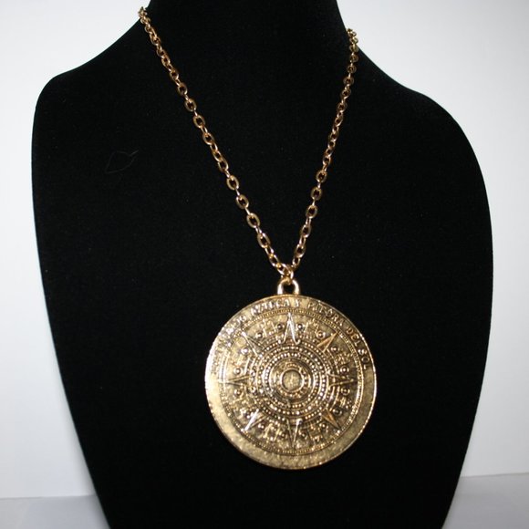 Large gold Aztec Calendar and sun necklace